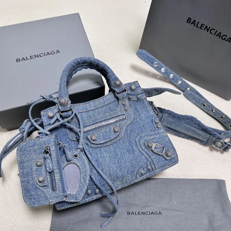 Upgraded Balenciaga Denim Blue Neo Cagole Motorcycle Bag with Rhinestones 78782