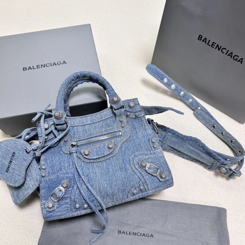 Upgraded Balenciaga Denim Blue Neo Cagole Motorcycle Bag with Rhinestones 78782
