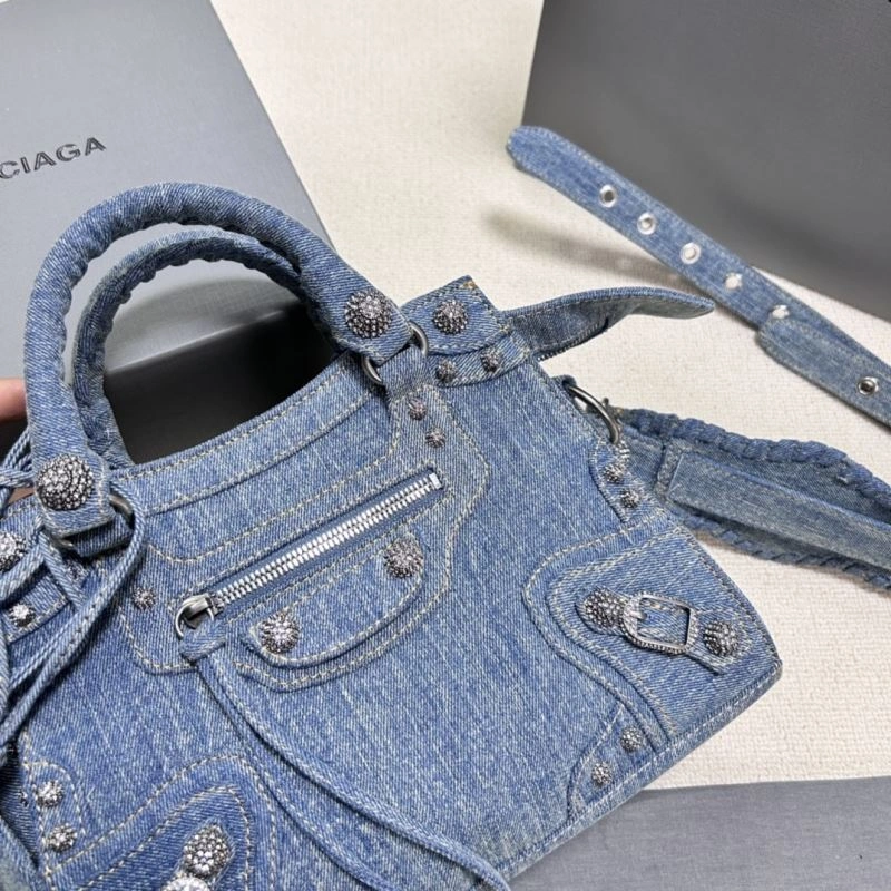Upgraded Balenciaga Denim Blue Neo Cagole Motorcycle Bag with Rhinestones 78782