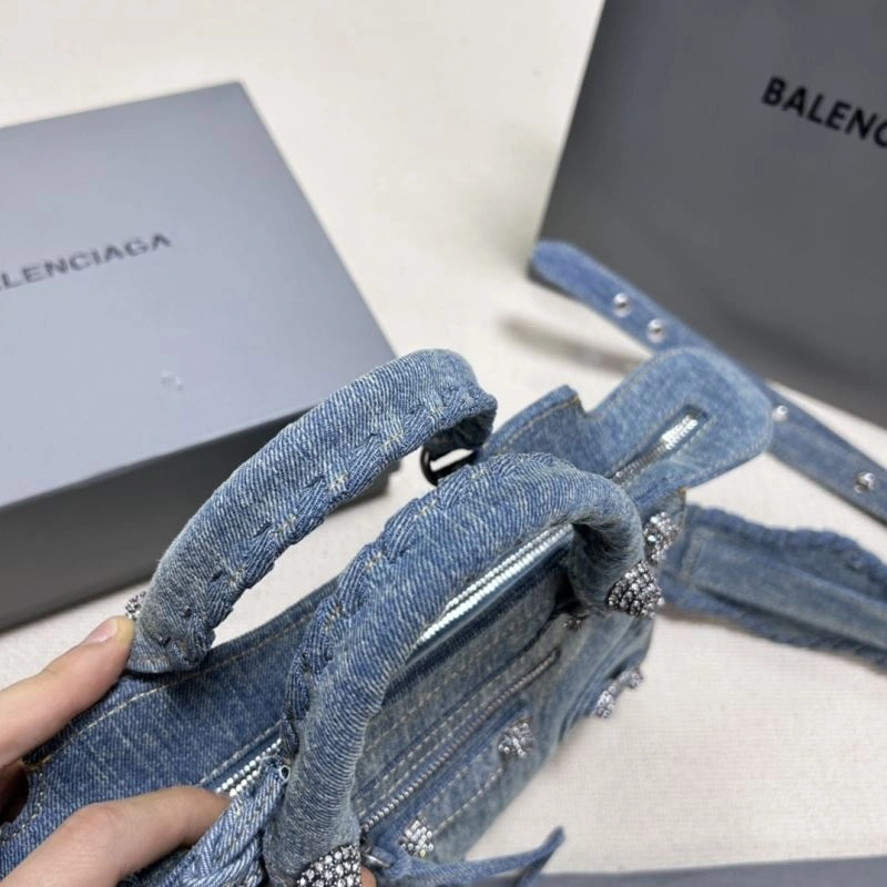 Upgraded Balenciaga Denim Blue Neo Cagole Motorcycle Bag with Rhinestones 78782