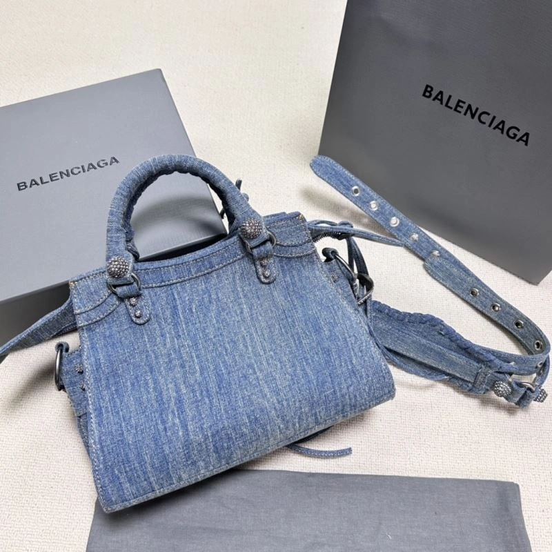 Upgraded Balenciaga Denim Blue Neo Cagole Motorcycle Bag with Rhinestones 78782