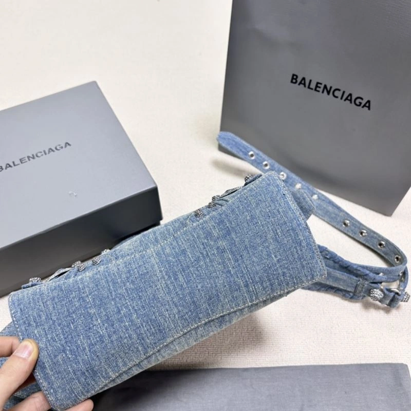 Upgraded Balenciaga Denim Blue Neo Cagole Motorcycle Bag with Rhinestones 78782
