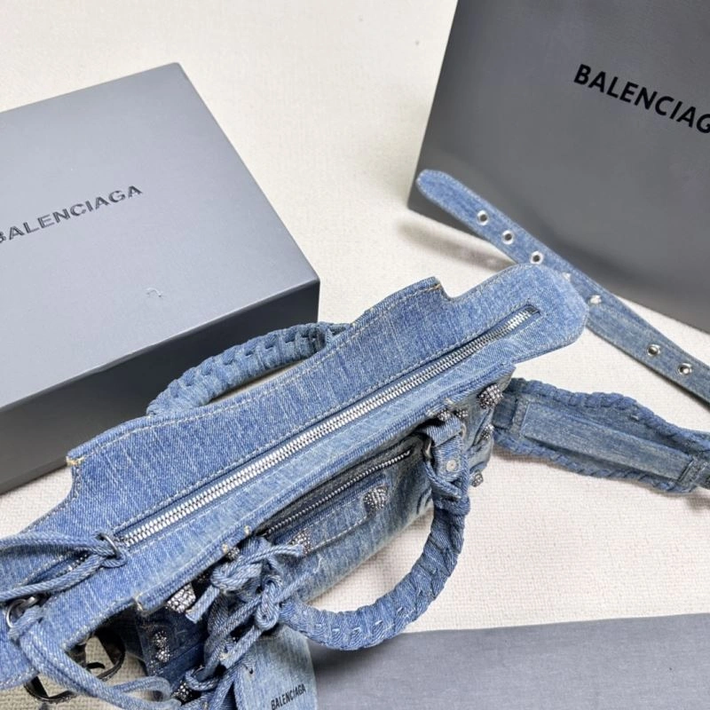 Upgraded Balenciaga Denim Blue Neo Cagole Motorcycle Bag with Rhinestones 78782