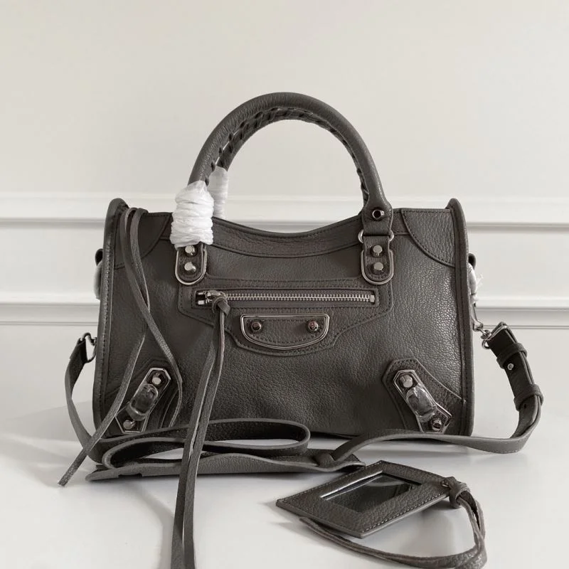 Tailored Balenciaga Gray Goatskin Motorcycle Bag with Silver Studs 38322
