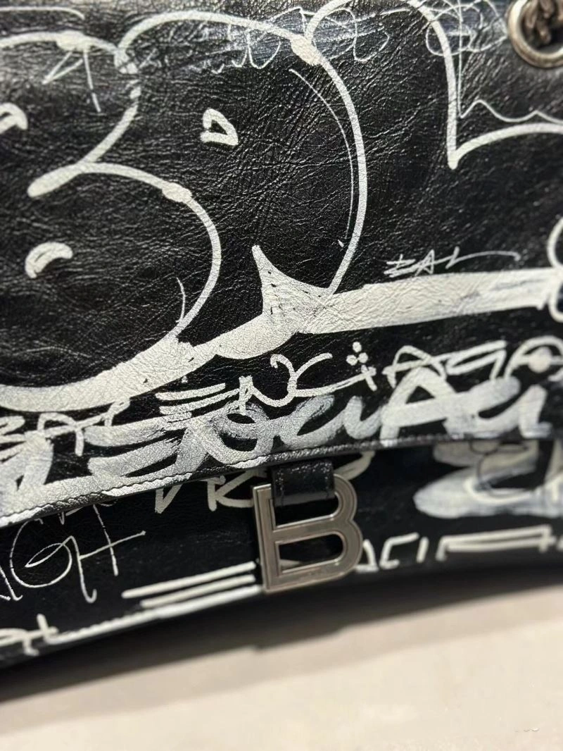 Balenciaga Hand-Painted Black Cracked Sheepskin Graffiti Bag OnTrend 70047