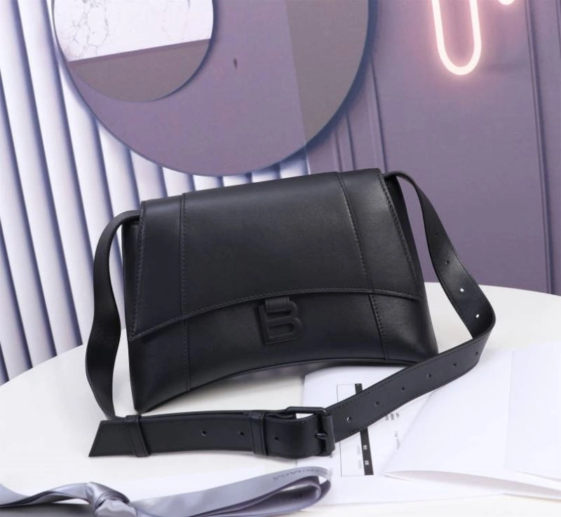 Efficient Balenciaga Hourglass Arc Black Gun Bag with Embossed Cowhide Texture 75309