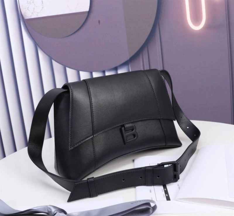 Efficient Balenciaga Hourglass Arc Black Gun Bag with Embossed Cowhide Texture 75309