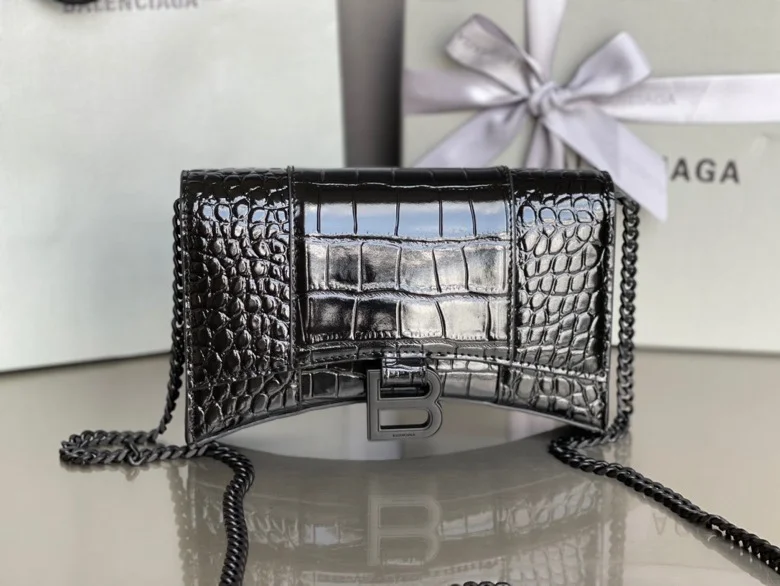 TimelessDesign Balenciaga Hourglass Crocodile Black Buckle Chain Bag 38285