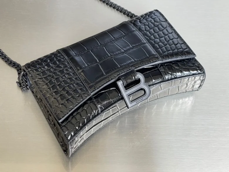 TimelessDesign Balenciaga Hourglass Crocodile Black Buckle Chain Bag 38285