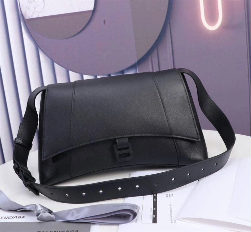 Bright Balenciaga Hourglass Curved Black Sand Timer Bag with Gun Buckle 75323