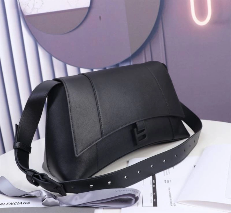 Bright Balenciaga Hourglass Curved Black Sand Timer Bag with Gun Buckle 75323