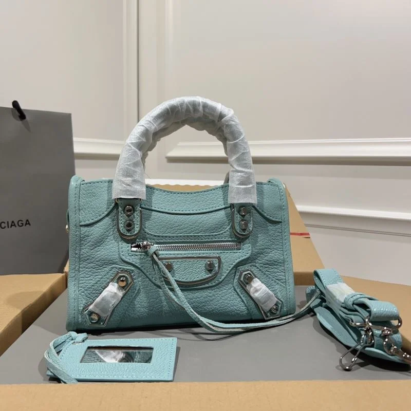 Balenciaga Lake Blue Goat Leather Motorcycle Bag with Mirror TopPick 38295