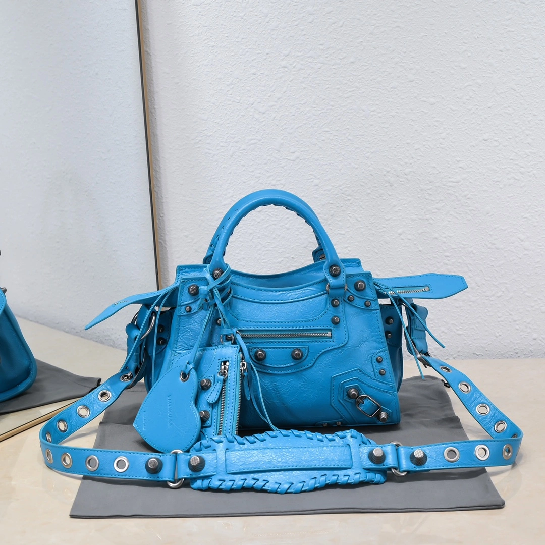 Unisex Balenciaga Lake Blue Neo Cagole Motorcycle Bag with Mirror 61004
