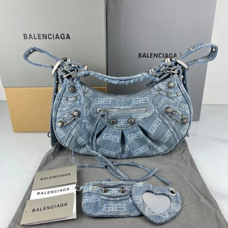 Timeless Balenciaga Le Cagole Blue Denim Half-Moon Shoulder Bag 38380
