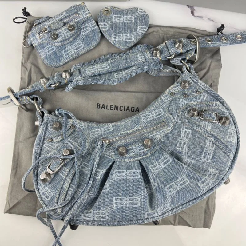 Timeless Balenciaga Le Cagole Blue Denim Half-Moon Shoulder Bag 38380