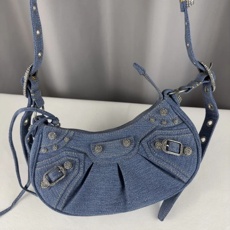 Balenciaga Le Cagole Dark Blue Denim Half-Moon Shoulder Bag QuickDry 38389