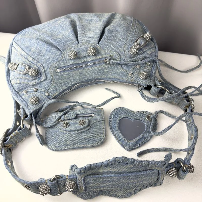 Balenciaga Le Cagole Denim Half-Moon Shoulder Bag SmoothTexture 38382
