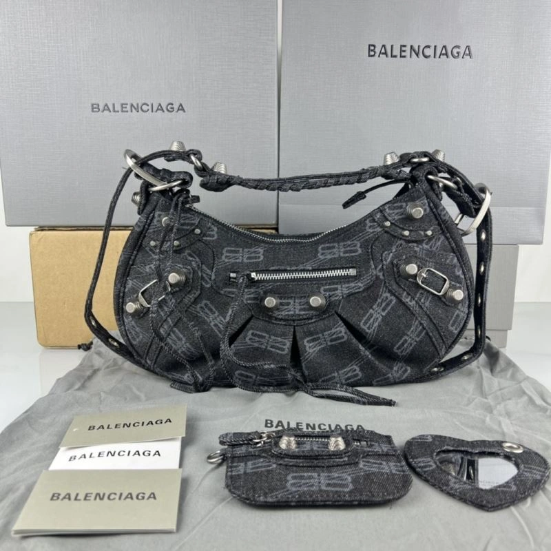 Balenciaga Le Cagole Denim Print Crescent Bag with Mirror Pouch Sleek 78827