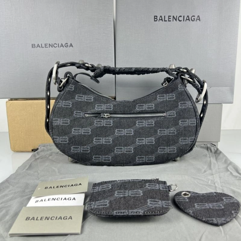 Balenciaga Le Cagole Denim Print Crescent Bag with Mirror Pouch Sleek 78827