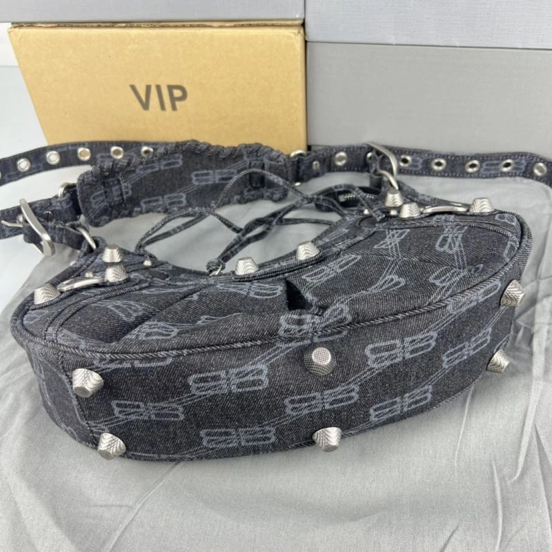 Balenciaga Le Cagole Denim Print Crescent Bag with Mirror Pouch Sleek 78827