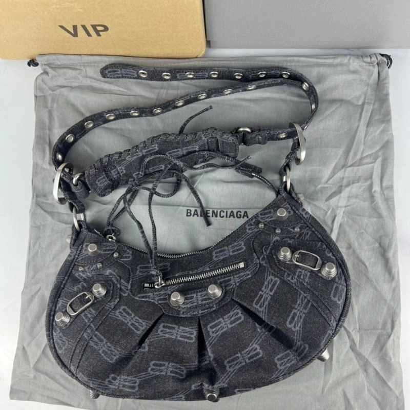 Balenciaga Le Cagole Denim Print Crescent Bag with Mirror Pouch Sleek 78827