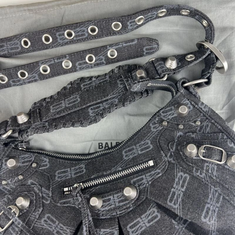 Balenciaga Le Cagole Denim Print Crescent Bag with Mirror Pouch Sleek 78827