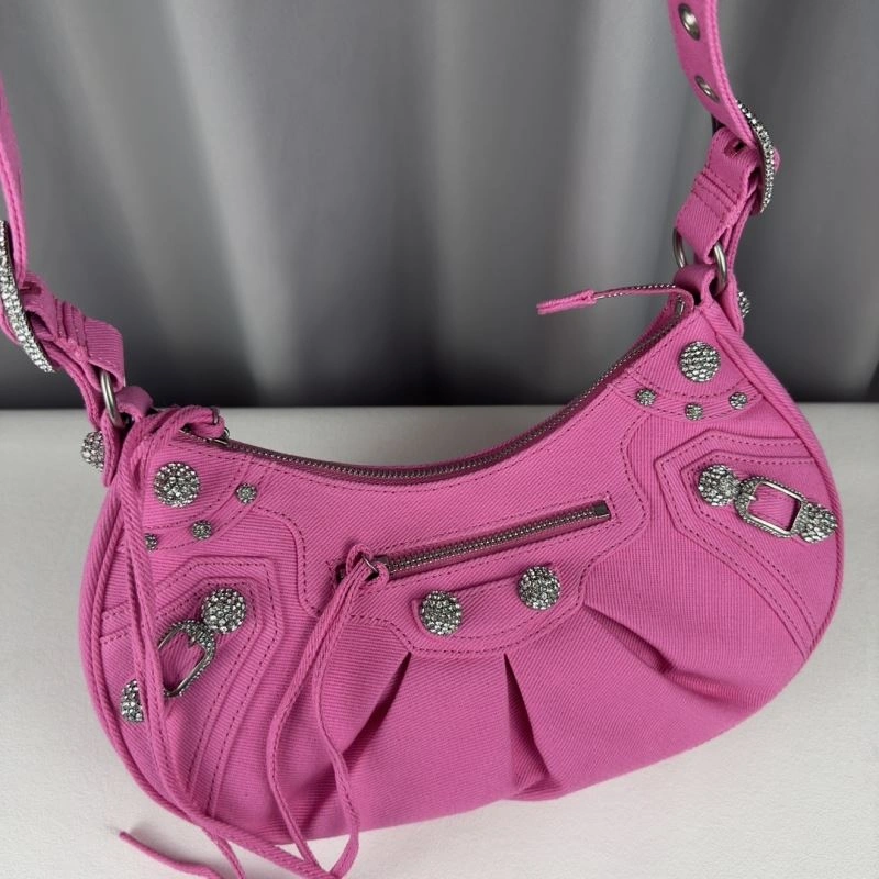 Balenciaga Le Cagole Diamond-Studded Pink Denim Crossbody Bag Packable 78382