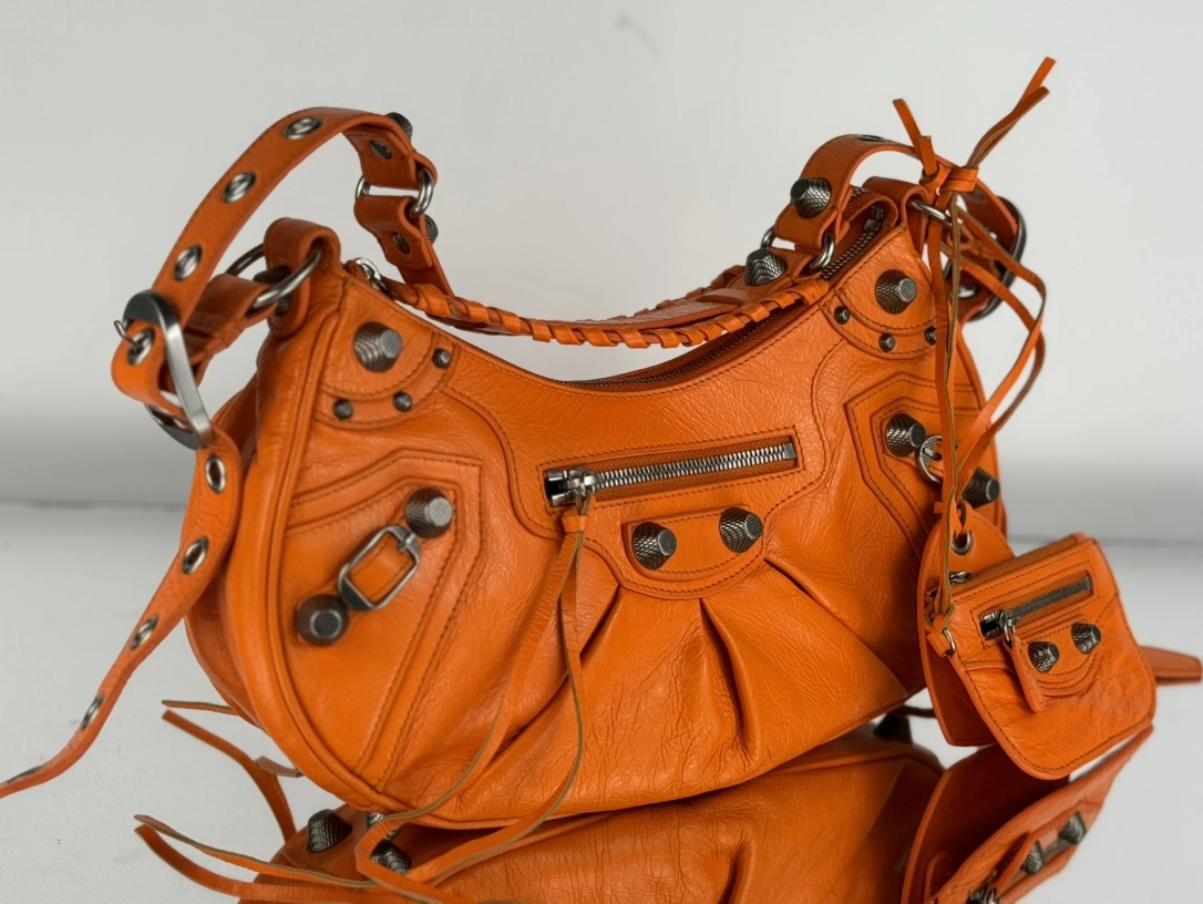 Balenciaga Le Cagole Half-Moon Dumpling Bag in Oil Wax Orange Breathable 61108