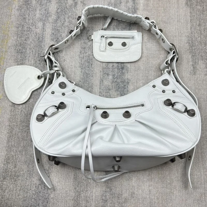 Compact Balenciaga Le Cagole Half-Moon Dumpling Bag in Oil Wax White 38378