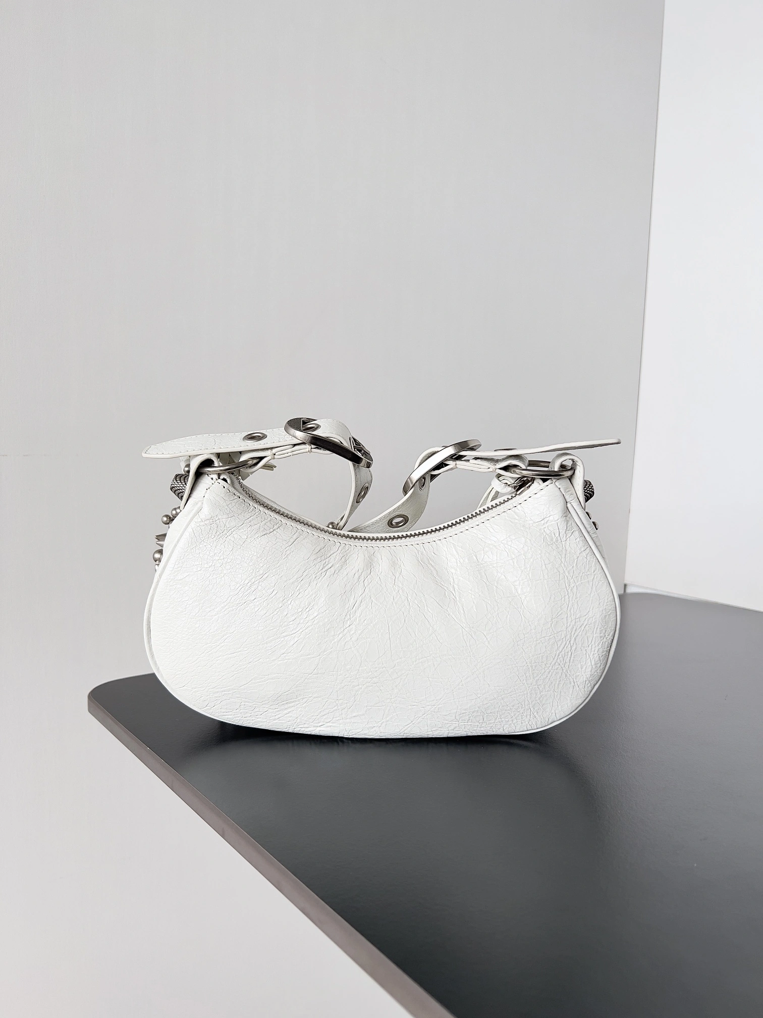 TechFriendly Balenciaga Le Cagole Half-Moon Studded Handbag with Adjustable Strap 64700