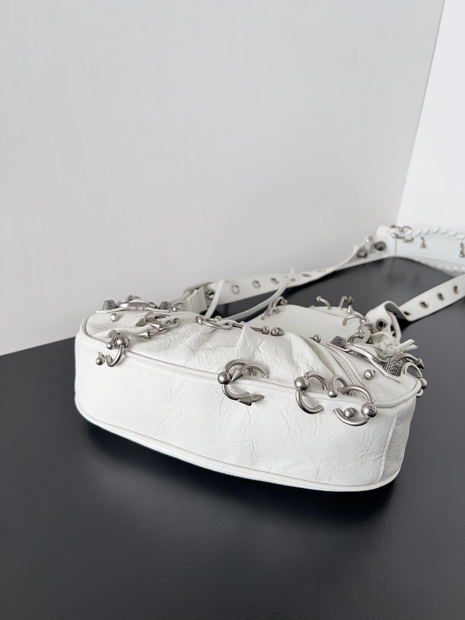 TechFriendly Balenciaga Le Cagole Half-Moon Studded Handbag with Adjustable Strap 64700