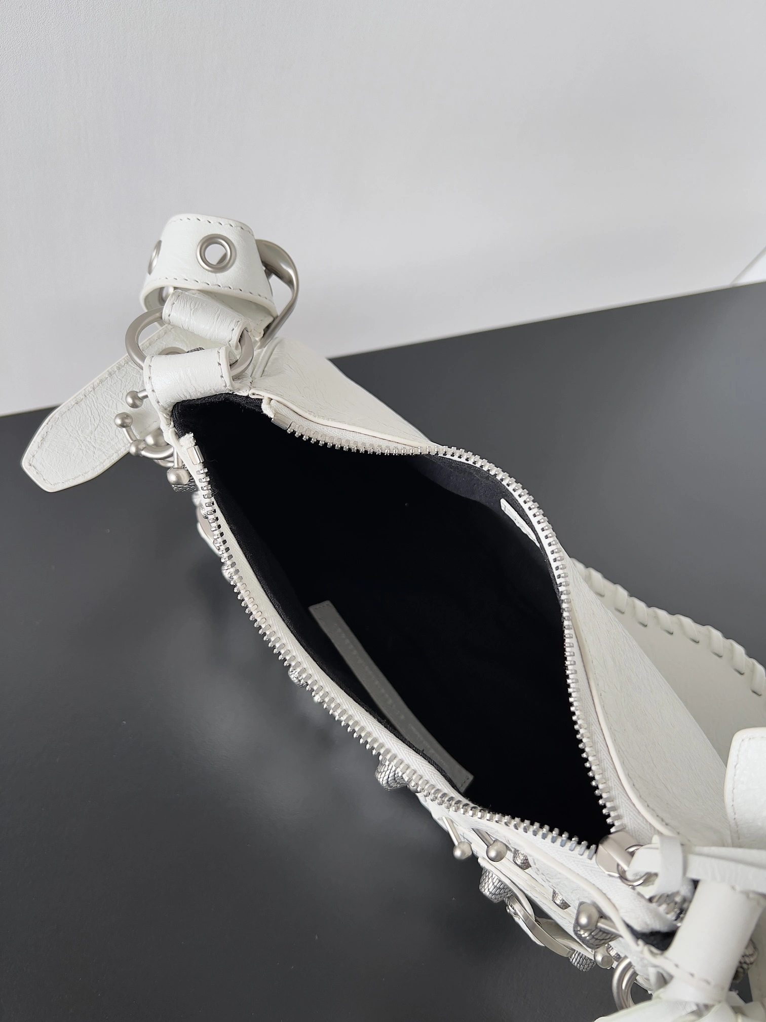 TechFriendly Balenciaga Le Cagole Half-Moon Studded Handbag with Adjustable Strap 64700