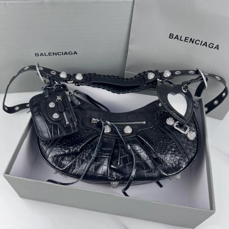 SoftTouch Balenciaga Le Cagole Large Black Crocodile Shoulder Bag with Diamonds 78798