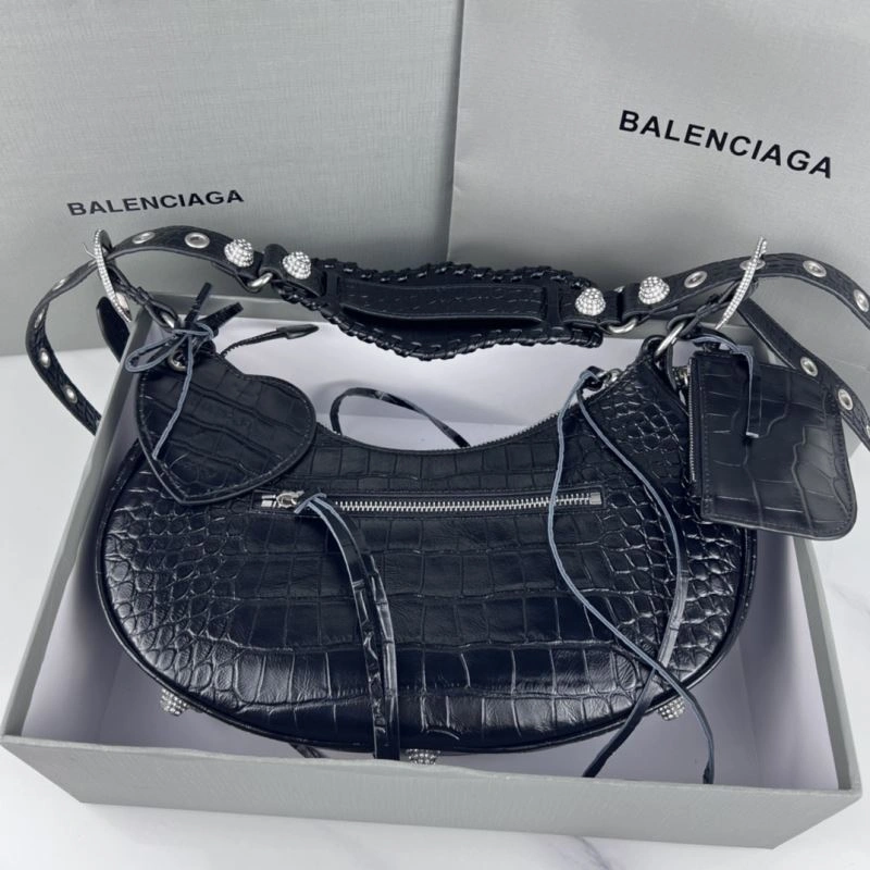 SoftTouch Balenciaga Le Cagole Large Black Crocodile Shoulder Bag with Diamonds 78798