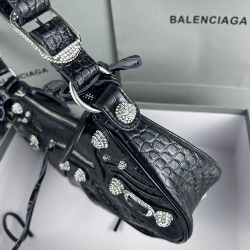 SoftTouch Balenciaga Le Cagole Large Black Crocodile Shoulder Bag with Diamonds 78798
