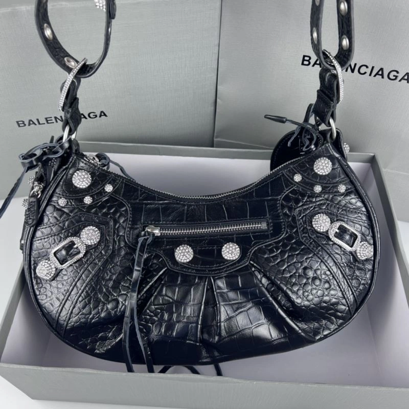 SoftTouch Balenciaga Le Cagole Large Black Crocodile Shoulder Bag with Diamonds 78798