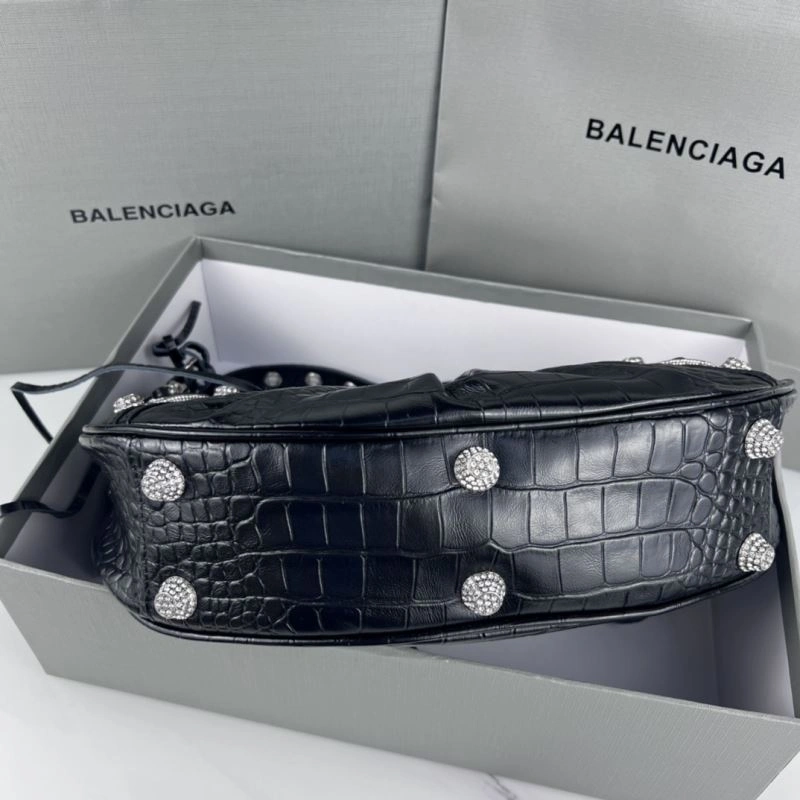 SoftTouch Balenciaga Le Cagole Large Black Crocodile Shoulder Bag with Diamonds 78798