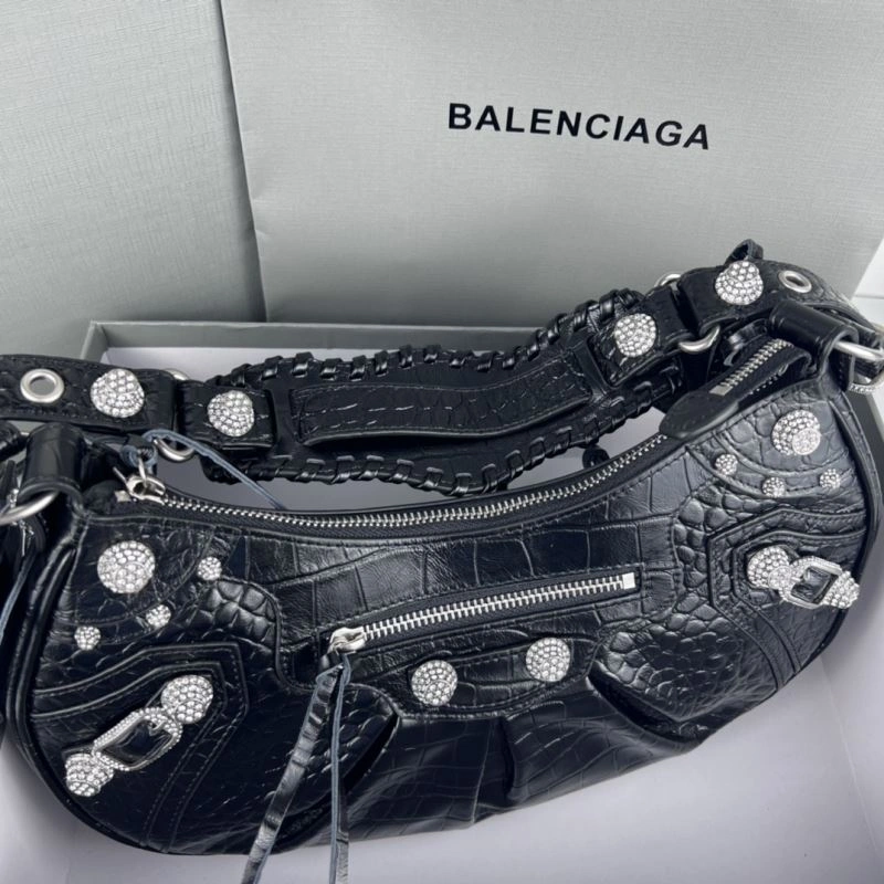 SoftTouch Balenciaga Le Cagole Large Black Crocodile Shoulder Bag with Diamonds 78798