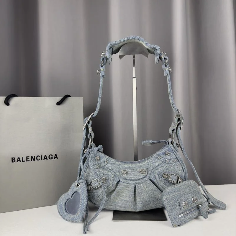 Effortless Balenciaga Le Cagole Light Blue Denim Half-Moon Crossbody Bag 38393