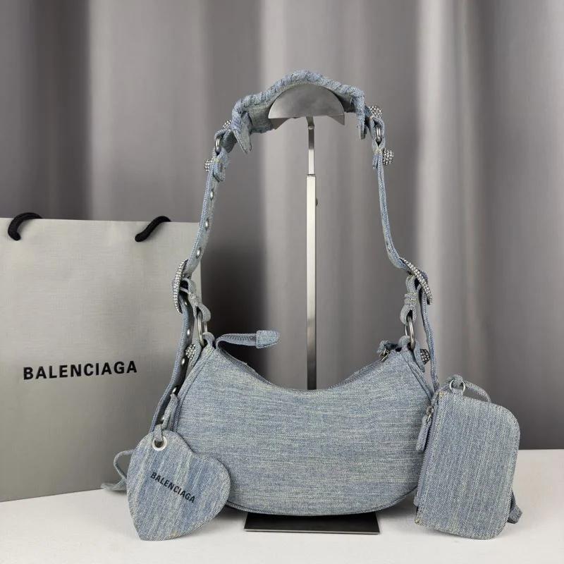 Effortless Balenciaga Le Cagole Light Blue Denim Half-Moon Crossbody Bag 38393