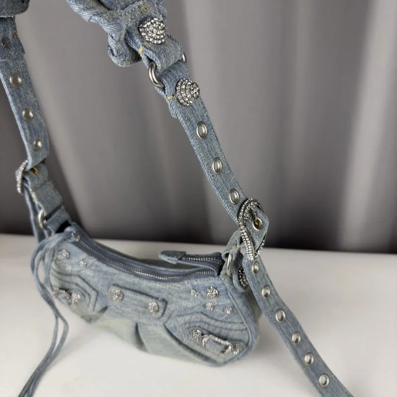 Effortless Balenciaga Le Cagole Light Blue Denim Half-Moon Crossbody Bag 38393