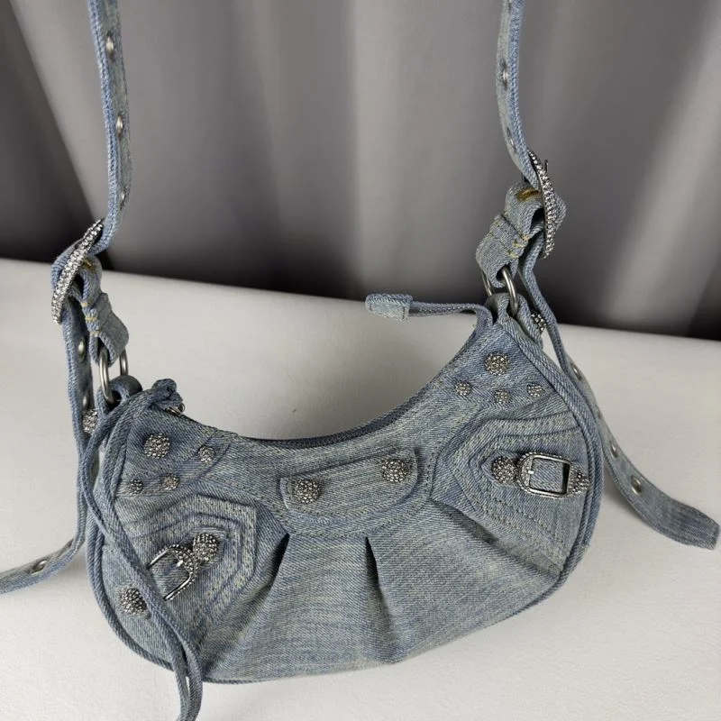 Effortless Balenciaga Le Cagole Light Blue Denim Half-Moon Crossbody Bag 38393