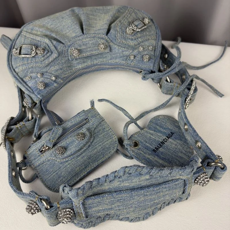 Effortless Balenciaga Le Cagole Light Blue Denim Half-Moon Crossbody Bag 38393
