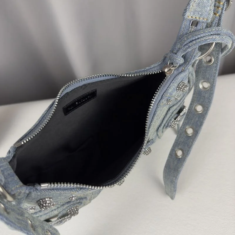 Effortless Balenciaga Le Cagole Light Blue Denim Half-Moon Crossbody Bag 38393