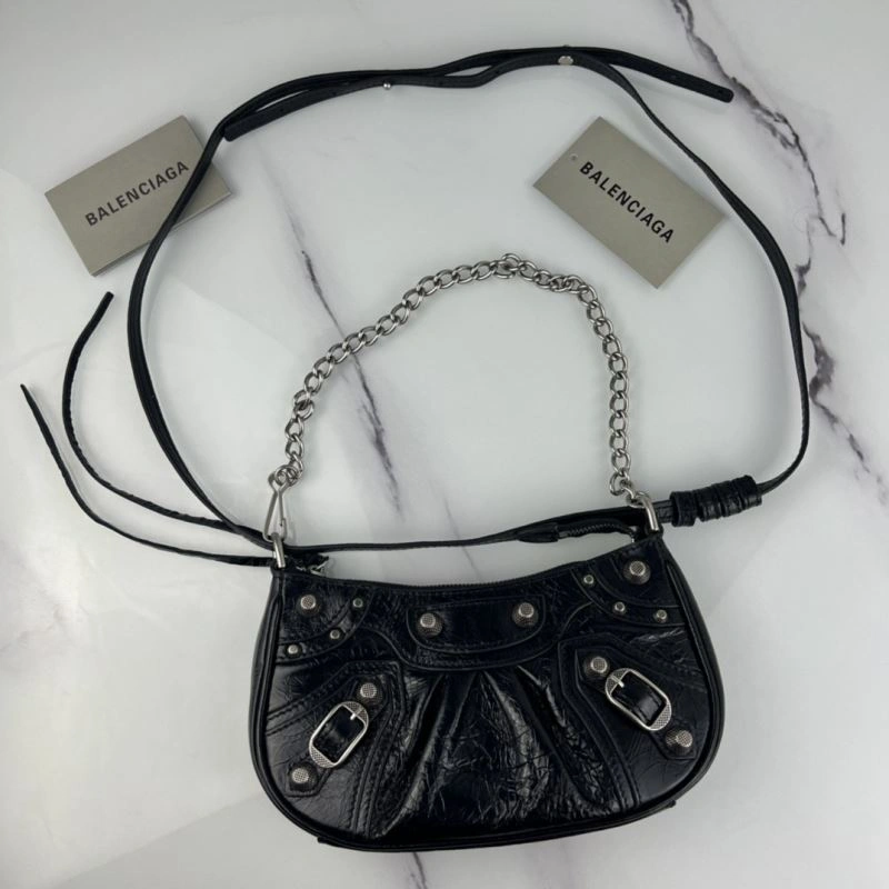Balenciaga Le Cagole Mini Cracked Black with Silver Buckle Bag RelaxedFit 78826