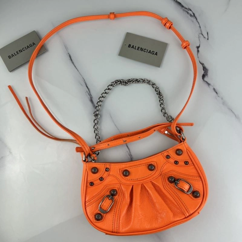 Balenciaga Le Cagole Mini Cracked Orange Handbag with Silver Buckle StreetReady 78805