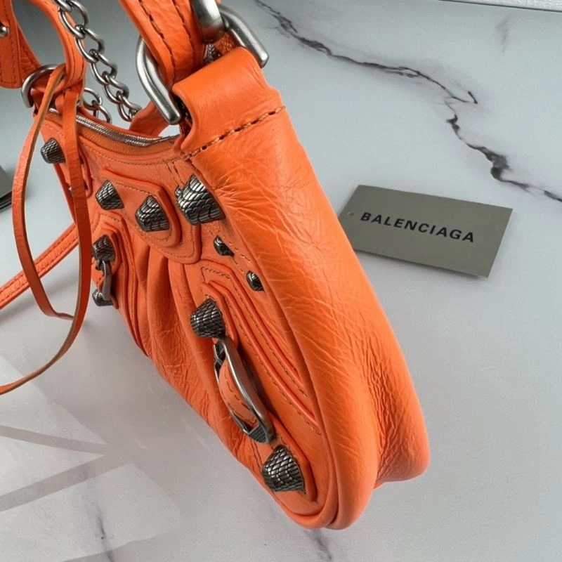 Balenciaga Le Cagole Mini Cracked Orange Handbag with Silver Buckle StreetReady 78805