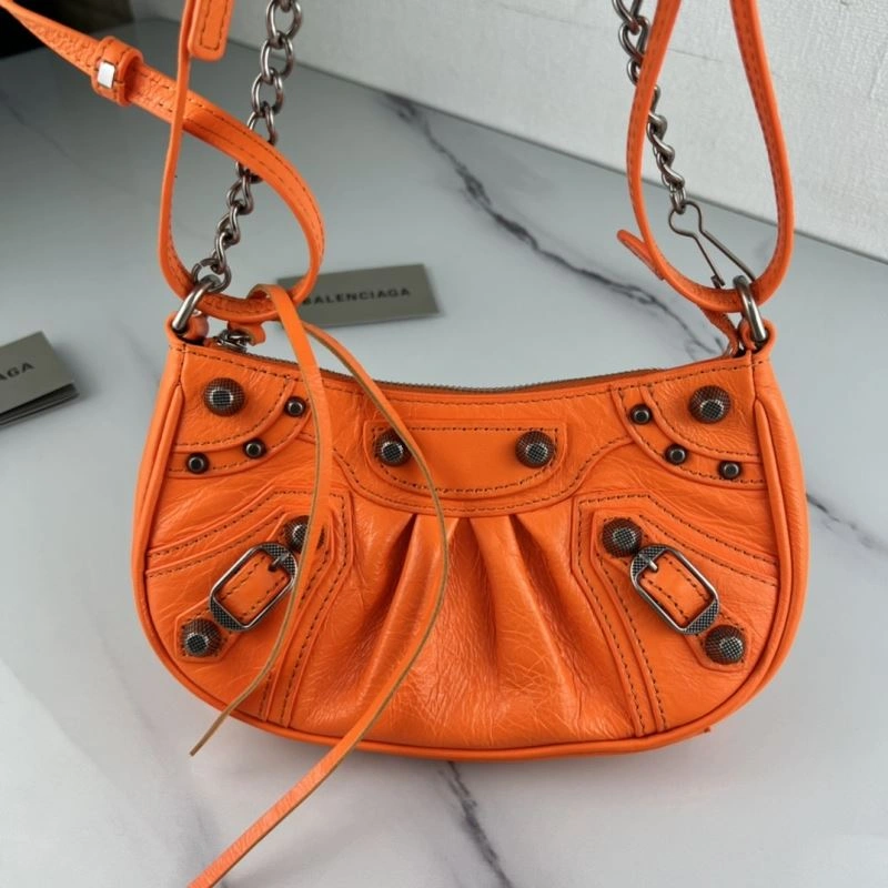 Balenciaga Le Cagole Mini Cracked Orange Handbag with Silver Buckle StreetReady 78805