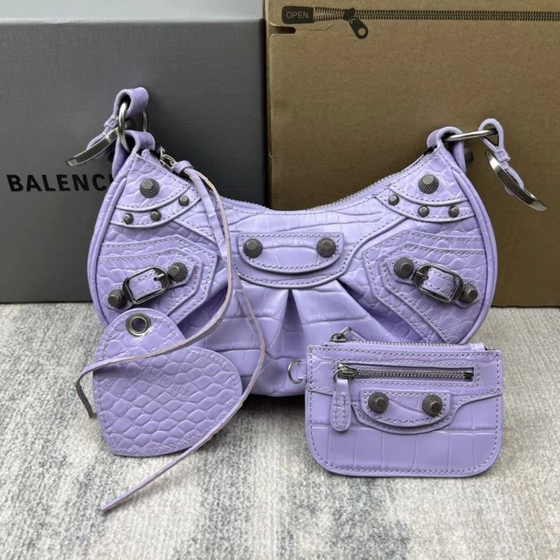 Durable Balenciaga Le Cagole Mini Dumpling Bag in Purple Crocodile 38370