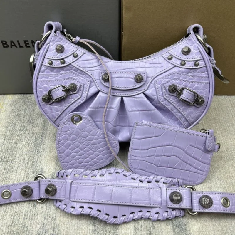 Durable Balenciaga Le Cagole Mini Dumpling Bag in Purple Crocodile 38370